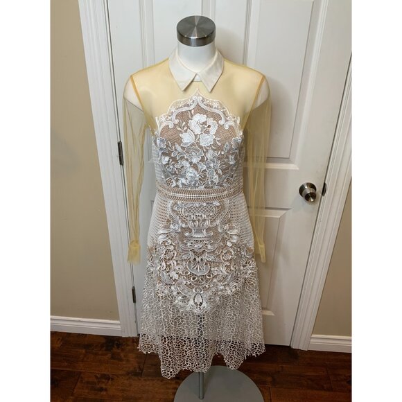 Self-Portrait Dresses & Skirts - Self-Portrait White Lace Tan Mesh Collared Long Sleeve Fit & Flare Dress, Size 8